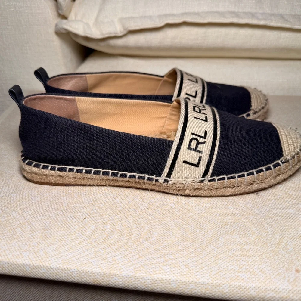 Ralph Lauren Flats Caylee Womens 7.5 Navy Canvas Espadrille Logo Preppy Nautical